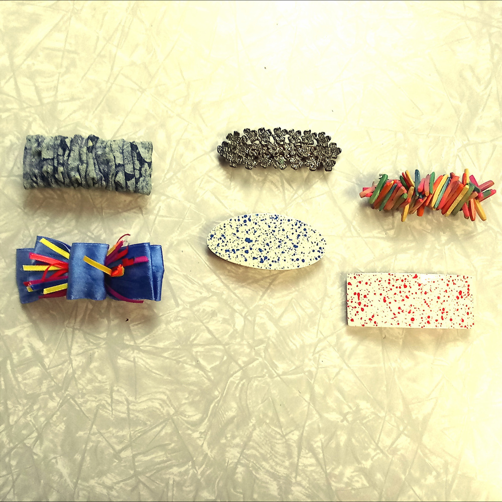 Lot of 6 Vintage Hair Barrettes 80s 90s Art Deco Denim Bow